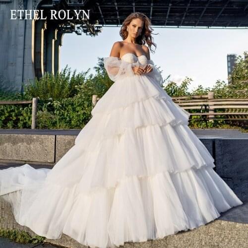ETHEL ROLYN A-Line Wedding Dress 2021 Charming Strapless Detachable Puff Sleeve Bride Backless Lace Up Ruched Tulle Bridal Gown