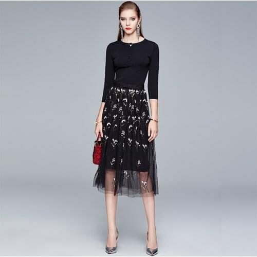 ZUOMAN Women Autumn Elegant Embroidery Dress Suit Set High Quality Long Mesh Party Robe Femme Vintage Designer Black Vestidos