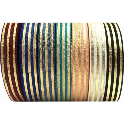 10 yards/lot Gold Foil Stripe Print Fold Over Elastic 5/8" FOE Elastic Ribbon for DIY Hair Supplies Hair Accessories