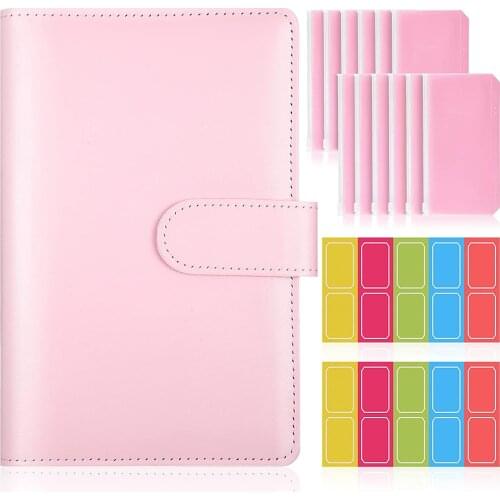 15 Pieces A6 PU Leather Binder Cover Set Refillable Planner with 12pcs 6 Ring Loose Leaf Zipper Pouch and Colorful Sticker