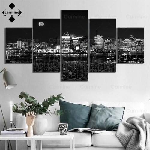 5 Pieces City Night Scene Canvas Painting Modern Poster Black and White Posters and Prints Living Room Home Decoration Frameless