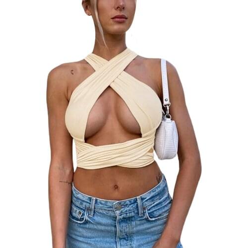 Womens Sexy Halter Vest Solid Color Tanks Tops Overlapping Hollow Out Umbilicus Exposure Camisole Khaki Tees female party club