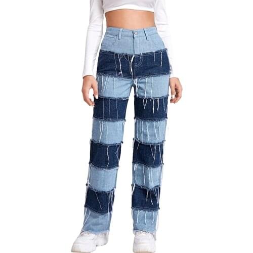 Streetwear Patchwork Tassel Y2K Woman Jeans Straight Casual Contrast Color Long Denim Pants Vintage Autumn Jeans Slim