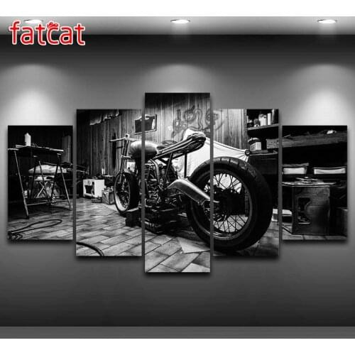 FATCAT Black and white vintage landscape 5 Panel Motorcycle Diy Diamond Painting Full Square Round Diamond Embroidery Sale AE931