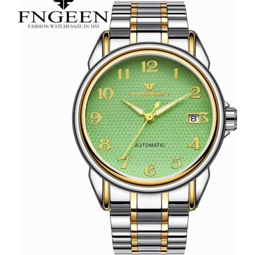 FNGEEN 6608 New Old Style Men Luminous Dial Stainless Steel Brand Band Automatic Mechanical Wrist Watch