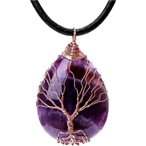 FYJS Rose Gold Color Wire Wrap Water Drop Pendant Tree of Life Necklace Natural Amethysts Stone Jewelry