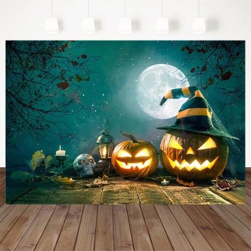Halloween Photography Background Pumpkin Lantern Tree Bat Moon Wooden Floor Backdrop Party Banners Decoration For Photo Studio