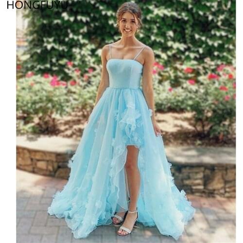 HONGFUYU Satin Bodice Prom Dresses with Spaghetti Straps A-line Flower Appliques vestido de festa longo Formal Evening Dress