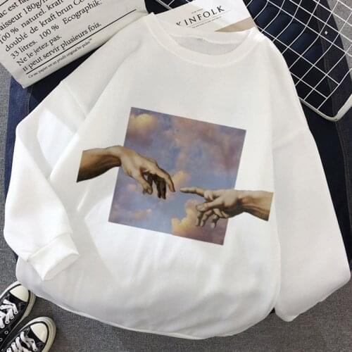Michelangelo Hand Graphic Print Hoodie Harajuku Aesthetic Streetwear Hoodies Women 2020 New Summer White Casual Tops Sweatshirt
