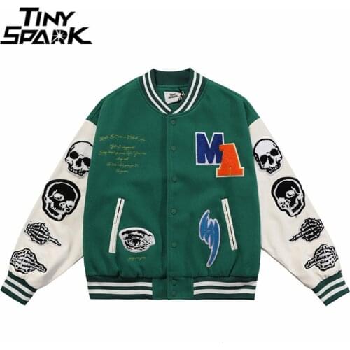 Men Bomber Jacket Skull Patches Hip Hop Streetwear Harajuku Embroidery Jacket 2021 Autumn Loose Short Jacket Coat Outwear