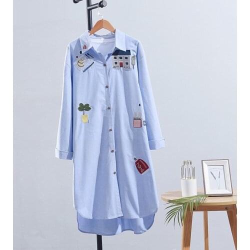 2021 new 100% cotton women blouse and shirts turn-down collar long badge embroidery loose lady shirts outwear coat tops