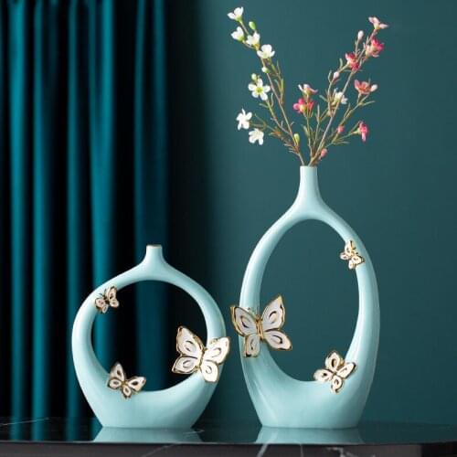 Simple Ceramic Vase Ornaments Home Livingroom Desktop Figurines Decoration Coffee Table Butterfly Fake Flower Arrangement Crafts
