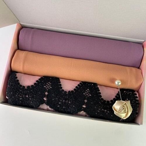 Luxury Custom Hijab Box Chiffon Black Lace Hijab Scarf Plain Embroidered Lace Hijab Muslim Echarpe Foulard Shawls Headband