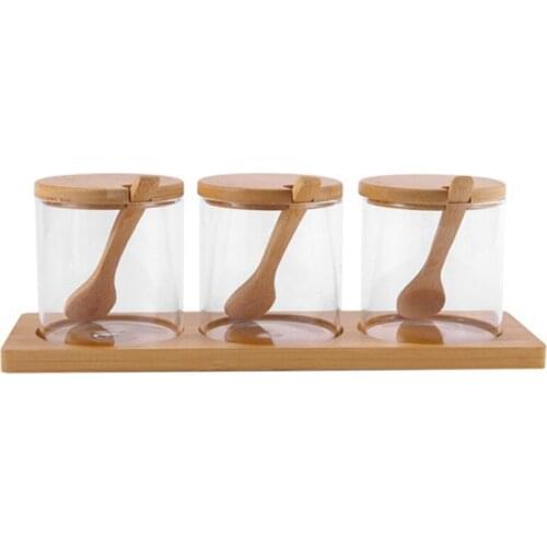 Glass Condiment Pots Seasoning Box Containers Sugar Bowls Spice Jar Set With Wooden Spoon Lid And Base