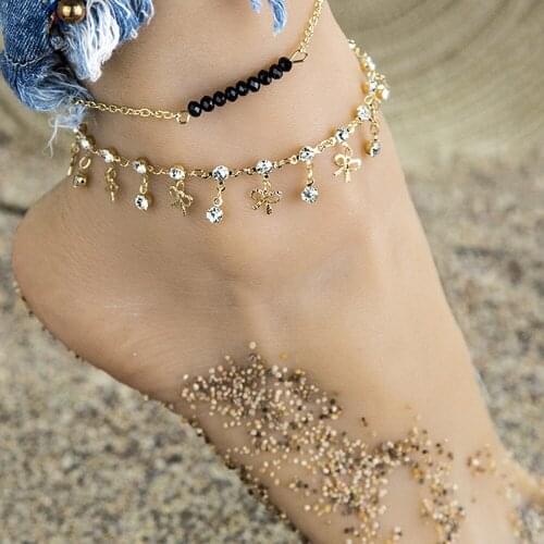 Rhinestone Bowknot Pendant Black Beaded Anklet All-match Double-layer Foot Ornaments Women Fashion jewelry accessories 2020