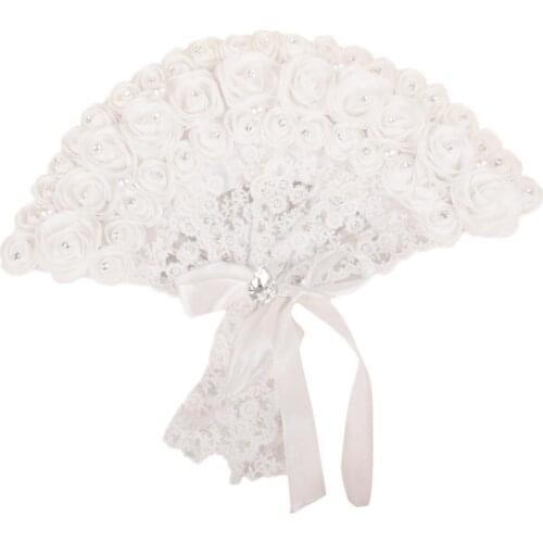 Wedding Bride Handheld Fan Pearls Lace Rose Non-foldable Elegant Fan Wedding Party Supplies Photo Shoot Stage Performance Props