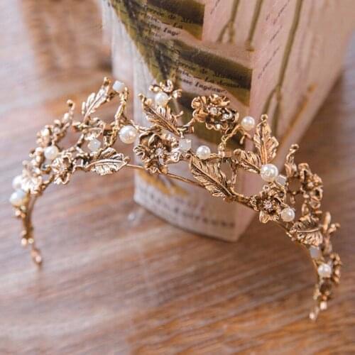 Baroque Crown Gold Color Metal Pearls Beaded Tiaras Headbands for Women Girls Bride Wedding Hair Jewelry Accessories 2021