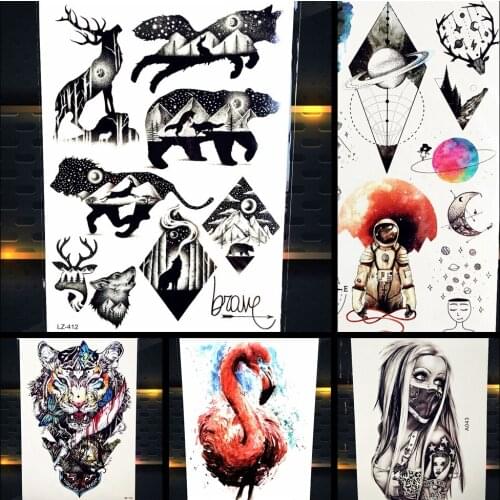Galaxy Moon Stars Animals Temporary Tattoos Nebula Wolf Bear Deer Body Art Fake Waterproof Arm Tattoo Stickers Men Women PLZ412