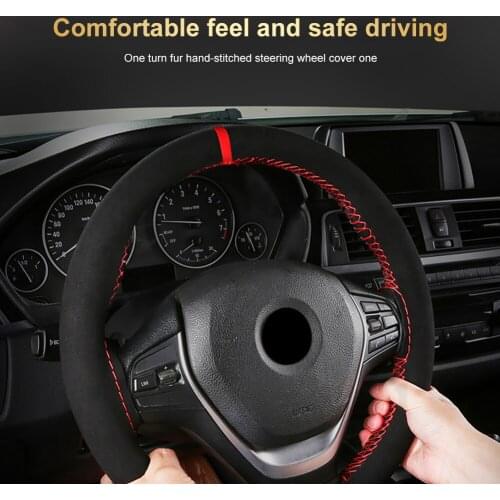 Hight Quality Suede Material Car Steering Wheel Cover 38cm Sweat-Absorbent Anti-slip Hand Sewing Steering Wheel Braid Thread