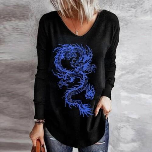 40# Harajuku Dragon Pattern Printed Blouse Women O-neck Long Sleeve Casual Shirts Oversize Loose Blouses Tops Camisas De Mujer