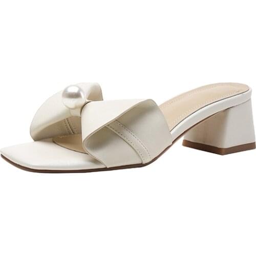 EGTPINAOP Summer Shoes Ladies 2021 Sandals Genuine Leather Cute Woman Medium Heel Vintage Flip Flops Outdoor Bow Slippers