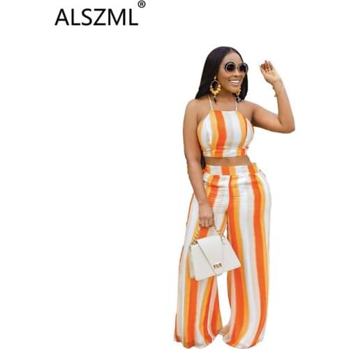 2020 women hot sale summer suit sexy orange halter top and high waisted loose pant 2 pieces party women fashion style tracksuit