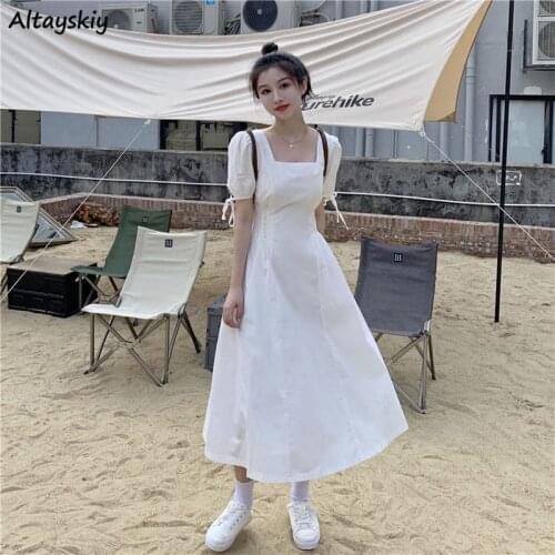 Pure Dresses Women Square Collar French Style Tender Lace-up Backless Sexy Elegant Girls Slim Chic Mujer Empire Vestidos Summer