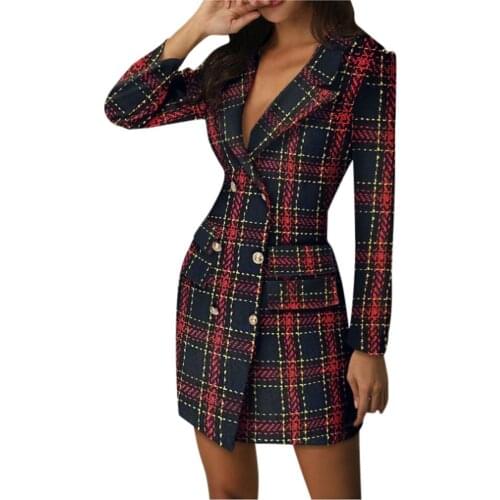 Elegant double breasted cotton red black plaid dress women Streetwear autumn winter short Office lapel straight ladies dresses
