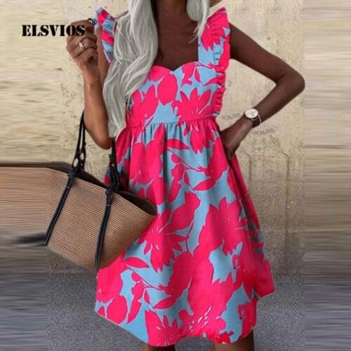 Elegant Butterfly Leaf Print Dress Vintage Ruffle Off Shoulder V Neck Mini Dress 2021 Summer New Women Dresses Vestido Plus Size
