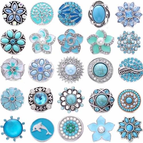 5pcs/lot New Blue 18mm Snap Jewelry Retro Flower Dolphin Owl Scorpion Water Drop Snap Buttons Fit 20mm 18mm Snap Bracelet