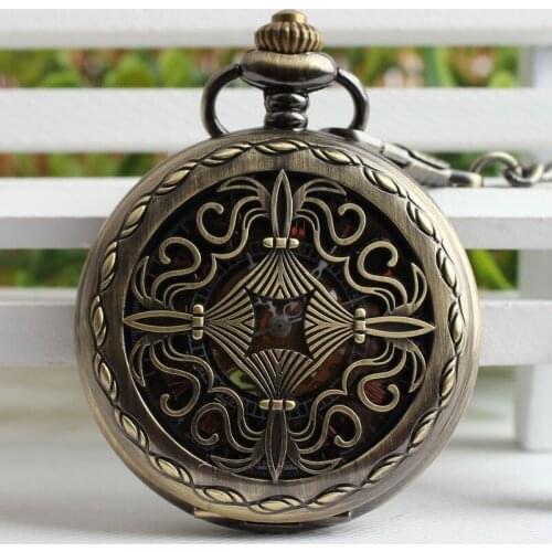 Antique Style Hollow Chinese Knot Pendant Self Winding Pocket Watch Roman Numerals Mechanical Skeleton Steampunk Gift TJX027
