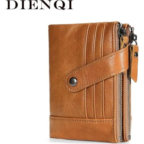DIENQI Vintage Men Wallet Genuine Leather Short Wallet Rfid Multifunctional Slim Zipper Male Purse Coin Pocket Card Holder Walet