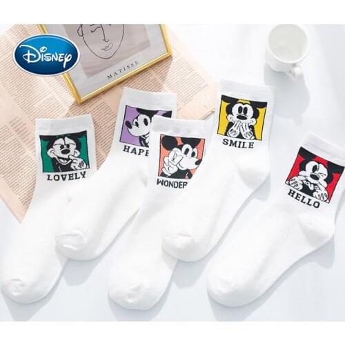 Disney Women spring and summer new Korean cartoon sweet and cute white Mickey Minnie printed cotton middle tube fashion socks