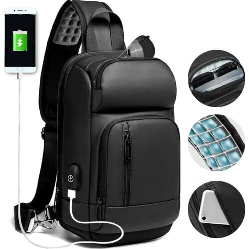 HANSOMFY Black Chest Packs Men USB Charging Casual Shoulder Crossbody Bags Water Repellent Travel Messenger Bag Male X2-19