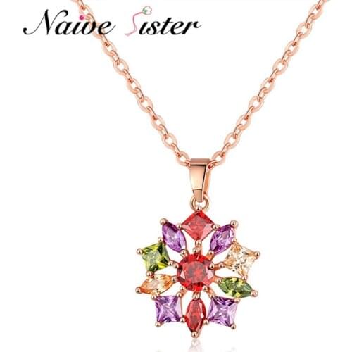 Colorful Round Flower Pendant Necklace Fashion Multicolor CZ Stone Crystal Mona Lisa Necklaces Beautiful Women Lady Gift Jewelry