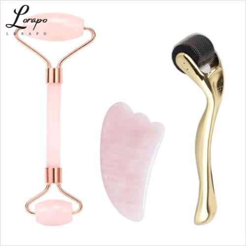 Natural Rose Quartz Roller Facial Massager Jade Roller Slimming Jade Scraper Skin Roller 0.3mm Three-Piece Massager Roller Face