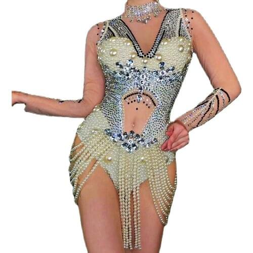 Luxury Inlaid Diamonds Pearls Skinny Elastic Bodysuits Beaded Fringes Long Sleeve Women Jumpsuits Nightclub Costumes