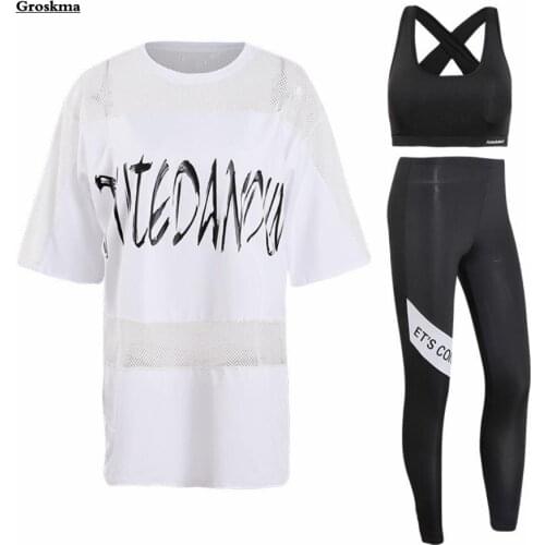 Mesh Patchwork T Shirt+Bra+Leggings Women Yoga 3 Piece Set Loose Fitness Gym Sportswear Suits Running Clothing Plus Size 3XL