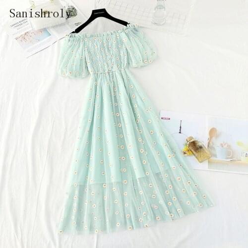 Daisy Embroidery Mesh Dress Summer 2021 Western Women Sweet Slash Neck Lace Dress Female Puff Sleeve Long Holiday Vestidos CD231