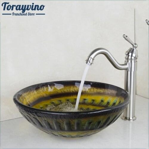 Torayvino Ross Bathroom Sink Washbasin Glass Hand-Painted+ Brushed Nickel Kitchen Tap Sink Combine Set Tap Mixer Faucet
