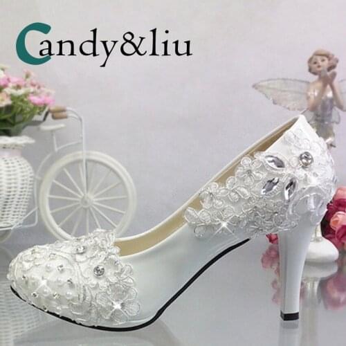 White Lace Flower Wedding Pumps Silver Crystal Appliques Rhinestone Round Toe Women Shoe Spike Heel for Party Banquet Bridesmaid