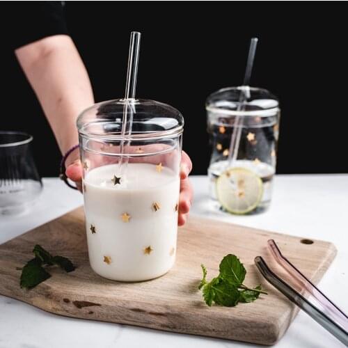 Heat Resistant Glass Office Teacup Creative Transparent Coffee Mug With Lid and Straw Household Milk Juice Cup Travel Drinkware