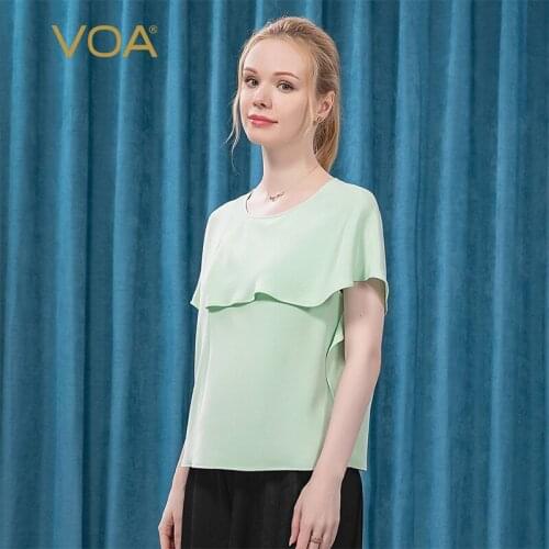 VOA Mint Green Round Neck Tops Unilateral Cover Shoulder Ruffle Sleeve Asymmetric Sweet Straight Thick Silk T-shirt Woman BE218