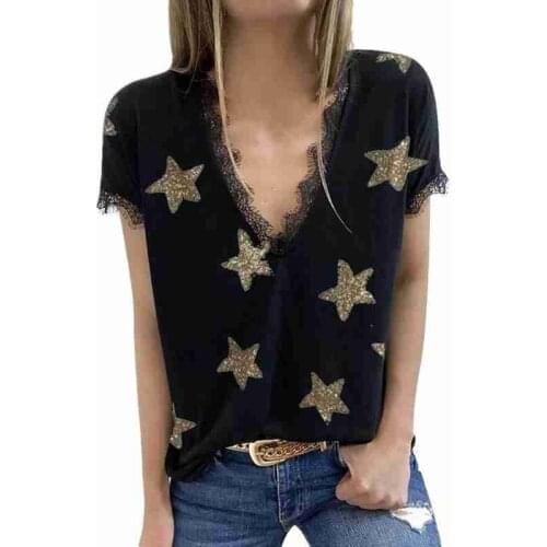 Summer Tops Plus Size Wosummer Tops Plus Size Women Fashion Star Shine Printed V Neck T Shirt Lace Patchwork Short Sleeve Tee