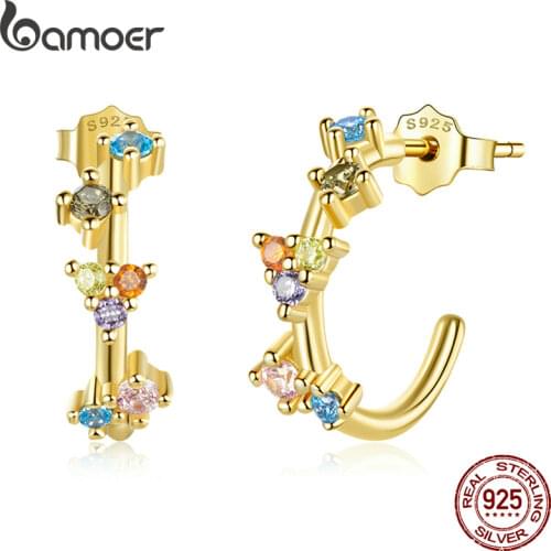 BAMOER Colorful CZ Zircon Stud Earrings 925 Sterling Silver Fashion New Model Golden Earrings for Women Beach Party Gift SCE1263