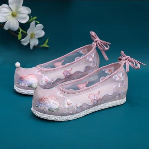 YourSeason Summer Ladies Ankle Strap Embroidered Gauze Mesh Platform Shoes Chinese Style Women Comfort Hanfu Flats White Pink