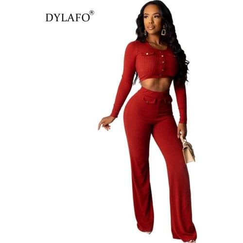 Women Two Piece Outfits Long Sleeve Button Shirts High Waist Wide Leg Pant Fashion Suits for Woman Slim Female Fall Clothing Set