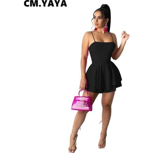 CM.YAYA Women Mini Dress Solid Sleeveless Strap Slash Neck Fit and Flare Ruffles Dresses Sexy Night Clubwear Summer Outfits 2021