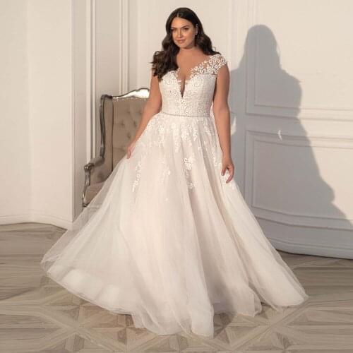 Jiayigong Wedding Dresses Plus Size 2020 Cap Sleeve V Neck Beading Appliues A Line Tulle Bridal Gown Vestido De Noiva
