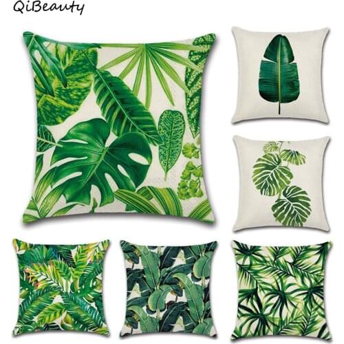 2 pcs Tropical Plants Palm Leaf Green LeavesHibiscus Flower Cushion Cover Decorative Beige Linen Pillow Case